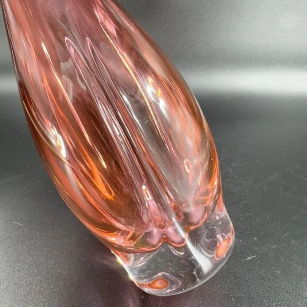 1990s Hand Blown Glass Vase‎ Artist Signed Cranberry Faceted Glass Vase Vintage
